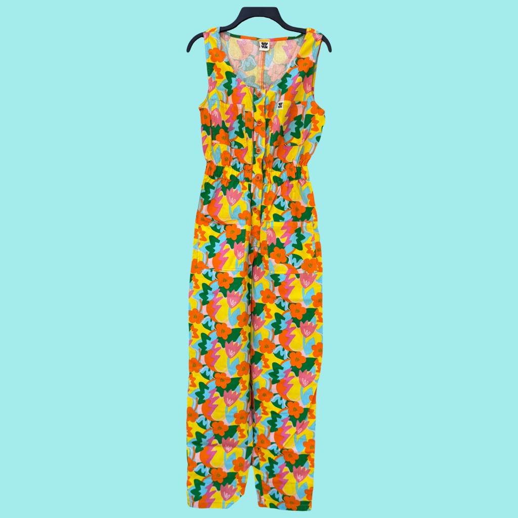 Juni Organic Twill Boilersuit In Orange-You-Nice Print